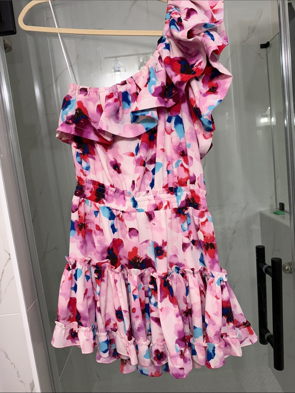 Buddy Love One-Shoulder Pink Floral Ruffled Dress